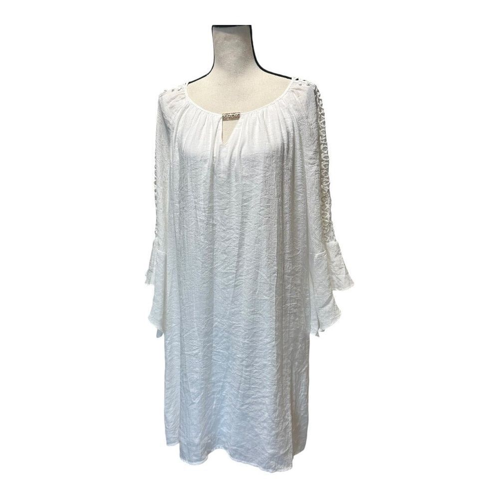 Indigo Rose Womens Dress White Bell Sleeve Mini Shift Boho Lattice Sleeve XL New
